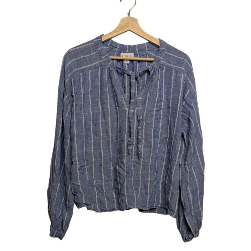 Evereve Tie Neck Blouse Top Blue Vertical White Stripes Flowy Boho Beachy Medium